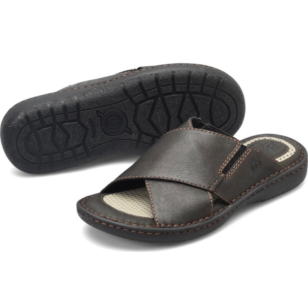Born Mens Black Leather Cross Strap Slide Sandals Handcrafted Mexico 10/44